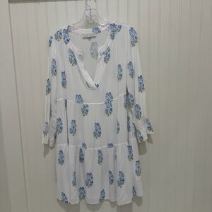 Heidi Klein Swim Coverup White Dress with Blue Floral Print M
